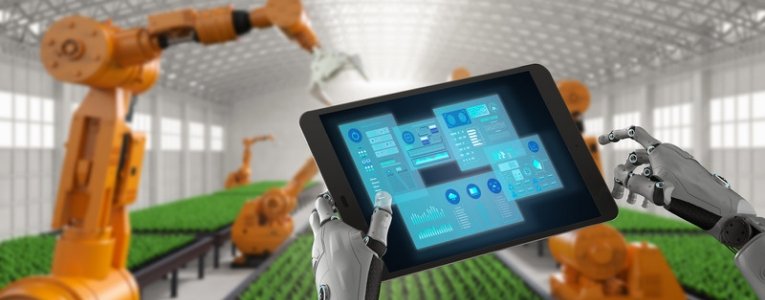 Robotic hands holding a tablet, with farming robotic machines working on portable farms placed on tables.