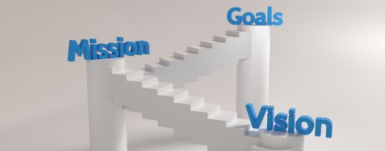 An image of stairs with three poles, on each pole written vision, mission, goal, hypothetically for IntrepidFood.eu.