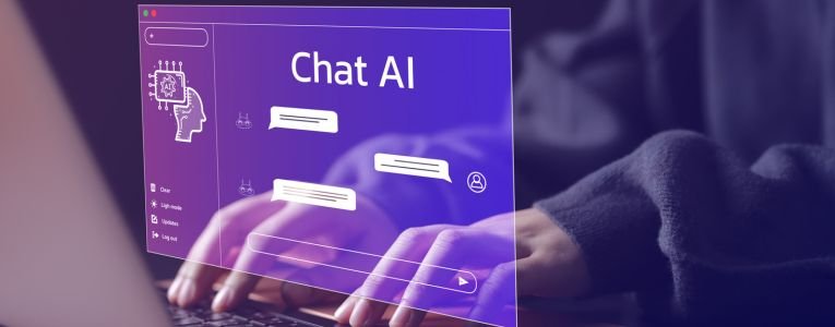 Chat Bot Chat with AI or Artificial Intelligence technology. Woman using a laptop computer chatting with an intelligent artificial intelligence asks for the answers he wants.