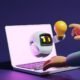 User hand touching cute robot light bulb through laptop on purple