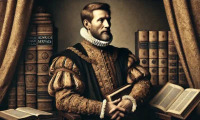 Renaissance-style portrait inspired by Heinrich Servais, depicting a dignified man with contemplative expression, rich clothing, and a symbolic book, illustrating wealth and intellect.