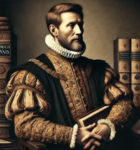 Renaissance-style portrait inspired by Heinrich Servais, depicting a dignified man with contemplative expression, rich clothing, and a symbolic book, illustrating wealth and intellect.