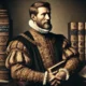 Renaissance-style portrait inspired by Heinrich Servais, depicting a dignified man with contemplative expression, rich clothing, and a symbolic book, illustrating wealth and intellect.