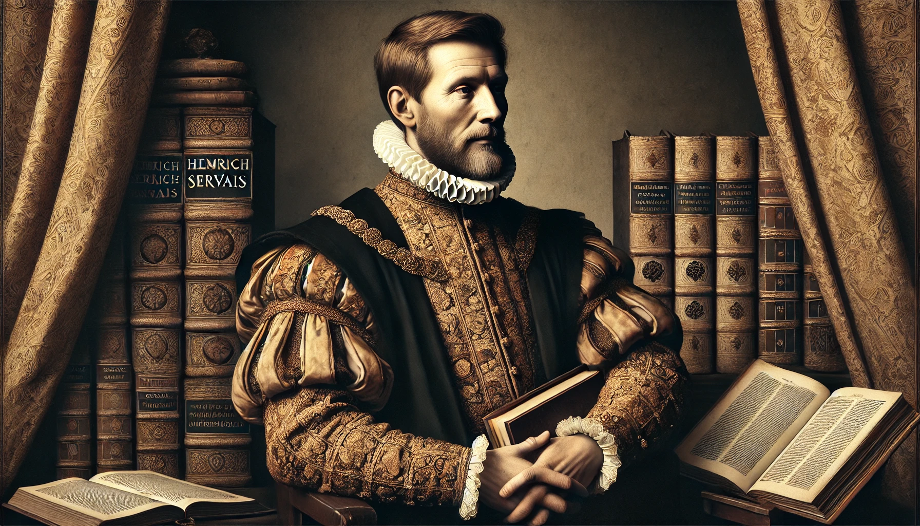 Renaissance-style portrait inspired by Heinrich Servais, depicting a dignified man with contemplative expression, rich clothing, and a symbolic book, illustrating wealth and intellect.