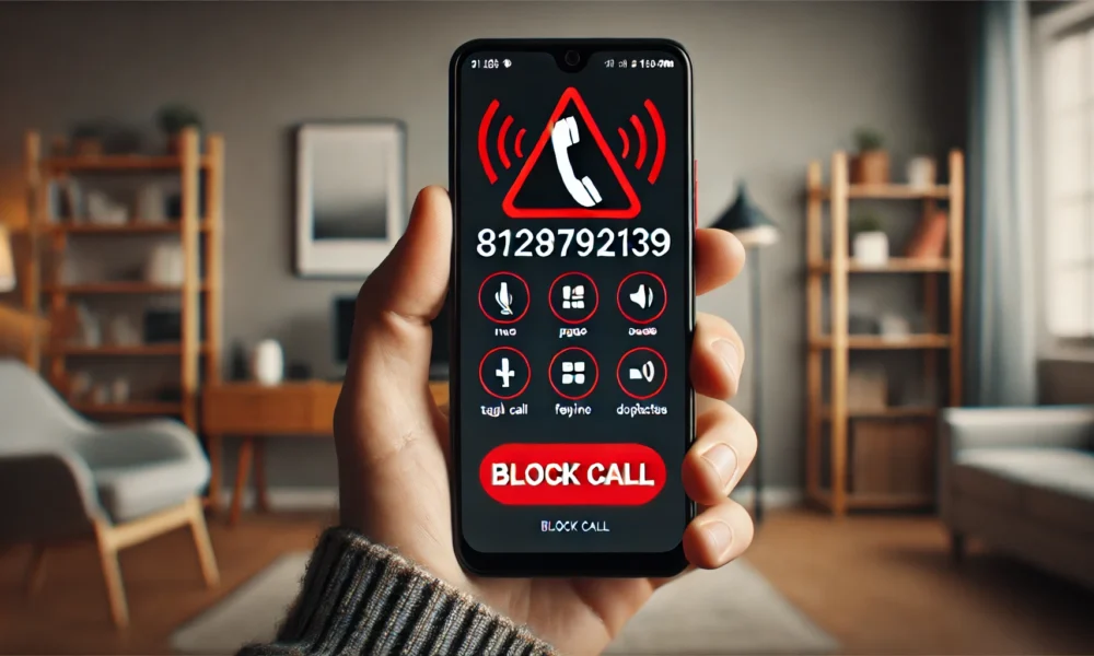 A smartphone displaying an incoming call from the number 8129792139, with a red warning triangle and exclamation mark indicating a potential scam. The phone is held in a hand, and the background shows a muted home or office setting, emphasizing caution.