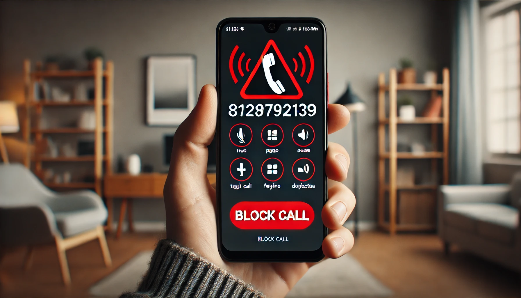 A smartphone displaying an incoming call from the number 8129792139, with a red warning triangle and exclamation mark indicating a potential scam. The phone is held in a hand, and the background shows a muted home or office setting, emphasizing caution.