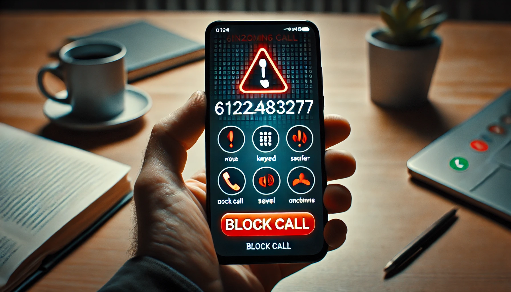 A smartphone screen showing an incoming call from the number 6122483277 tel, with a red warning triangle symbol indicating a potential scam or fraudulent call. The phone is held in a hand, and the background shows a muted office setting.