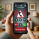 A smartphone displaying an incoming call from the number 3214387828, with a red warning triangle symbol indicating a potential scam. The phone is held in a hand, and the background shows a muted home or office setting, emphasizing caution.