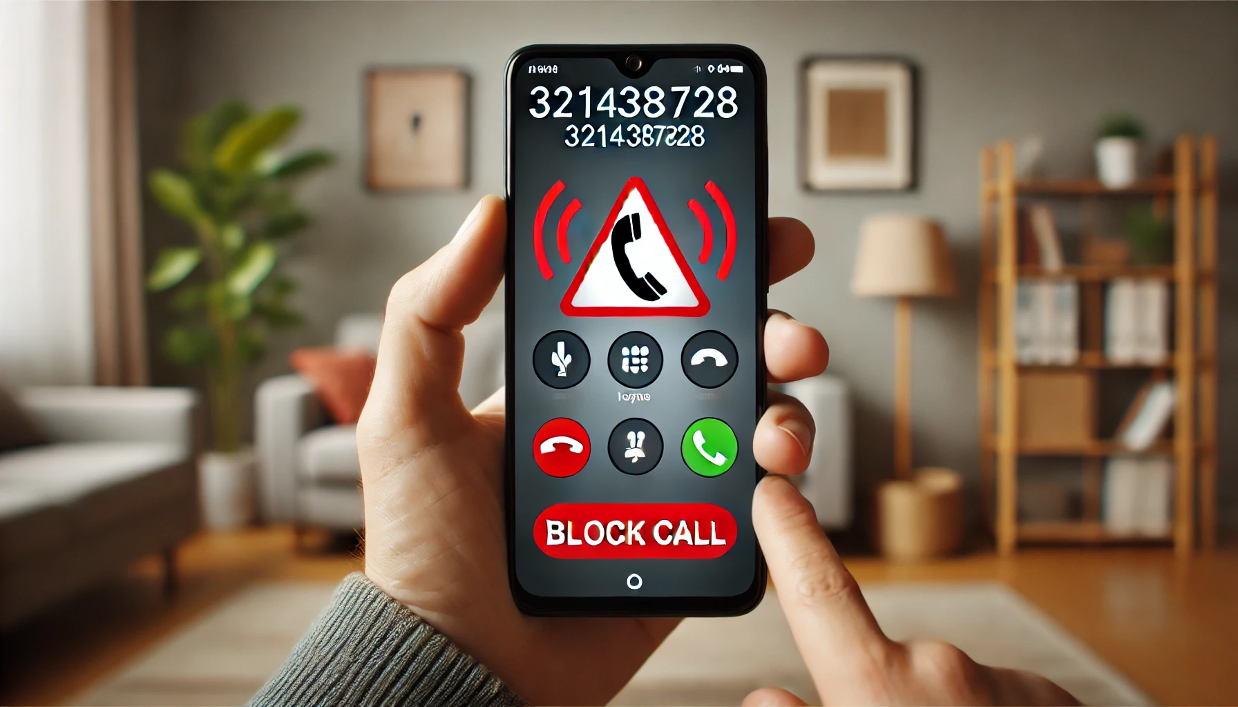 A smartphone displaying an incoming call from the number 3214387828, with a red warning triangle symbol indicating a potential scam. The phone is held in a hand, and the background shows a muted home or office setting, emphasizing caution.