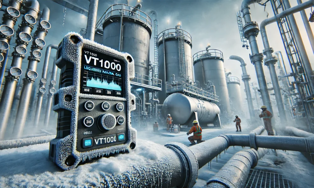 A rugged industrial VT1000 device operating in a subzero liquefied natural gas (LNG) environment. The scene shows the device monitoring temperature and pressure near large frost-covered storage tanks and pipelines. Workers in protective gear monitor the system, while frost and ice accentuate the extreme cold. Concept Used For vt1000 in subzero lng environment.