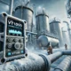 A rugged industrial VT1000 device operating in a subzero liquefied natural gas (LNG) environment. The scene shows the device monitoring temperature and pressure near large frost-covered storage tanks and pipelines. Workers in protective gear monitor the system, while frost and ice accentuate the extreme cold. Concept Used For vt1000 in subzero lng environment.