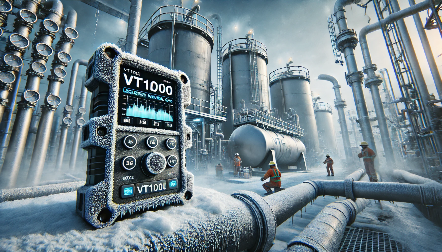 A rugged industrial VT1000 device operating in a subzero liquefied natural gas (LNG) environment. The scene shows the device monitoring temperature and pressure near large frost-covered storage tanks and pipelines. Workers in protective gear monitor the system, while frost and ice accentuate the extreme cold. Concept Used For vt1000 in subzero lng environment.