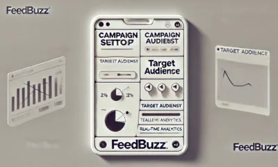 Text-focused minimalist illustration of advertise FeedBuzzard com platform with labels like 'Campaign Setup,' 'Target Audience,' and 'Real-Time Analytics'.