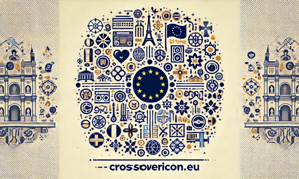 Illustration of CrossoverIcon.eu platform, featuring icons representing European art, music, and fashion, symbolizing cultural fusion.