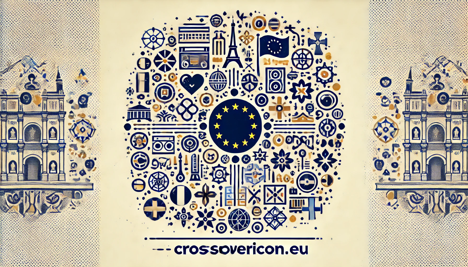 Illustration of CrossoverIcon.eu platform, featuring icons representing European art, music, and fashion, symbolizing cultural fusion.