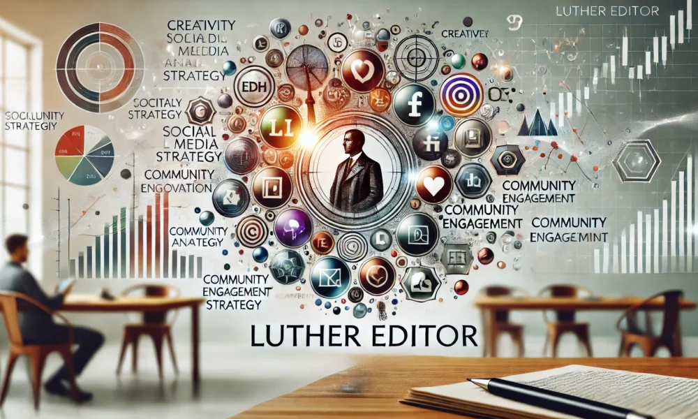 Illustration representing Luther Editor social media maven Keezy.co with digital icons data analytics visuals and community engagement symbols.