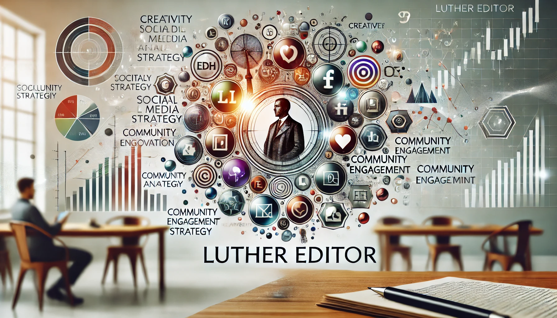 Illustration representing Luther Editor social media maven Keezy.co with digital icons data analytics visuals and community engagement symbols.