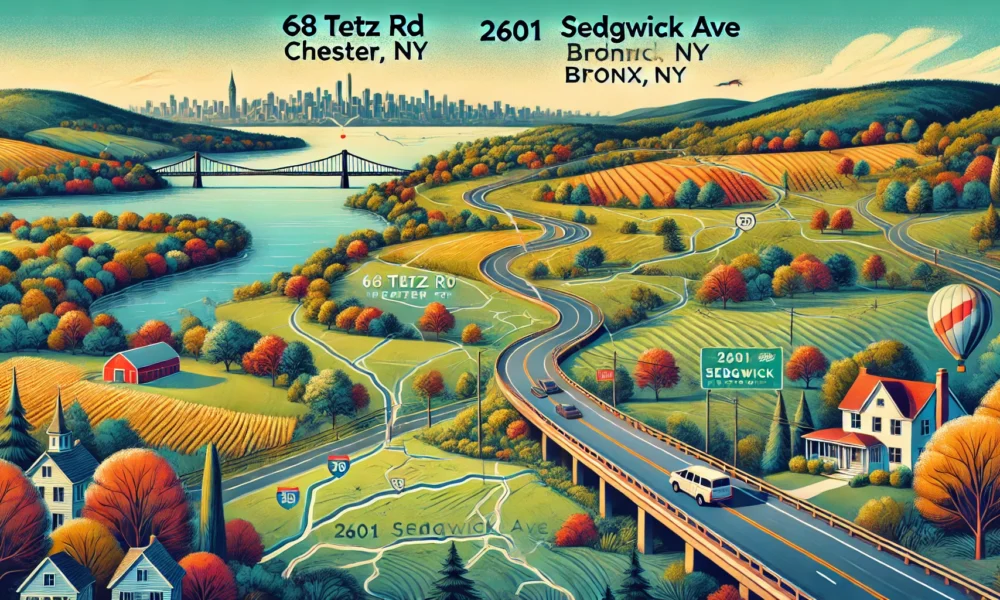 Road trip journey map from 68 Tetz Rd, Chester, NY to 2601 Sedgwick Ave, Bronx, NY showing suburban to urban transition. Concept is used for main topic: 68 tetz rd chester ny to 2601 sedgwick ave.