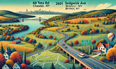 Road trip journey map from 68 Tetz Rd, Chester, NY to 2601 Sedgwick Ave, Bronx, NY showing suburban to urban transition. Concept is used for main topic: 68 tetz rd chester ny to 2601 sedgwick ave.