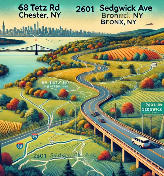 Road trip journey map from 68 Tetz Rd, Chester, NY to 2601 Sedgwick Ave, Bronx, NY showing suburban to urban transition. Concept is used for main topic: 68 tetz rd chester ny to 2601 sedgwick ave.