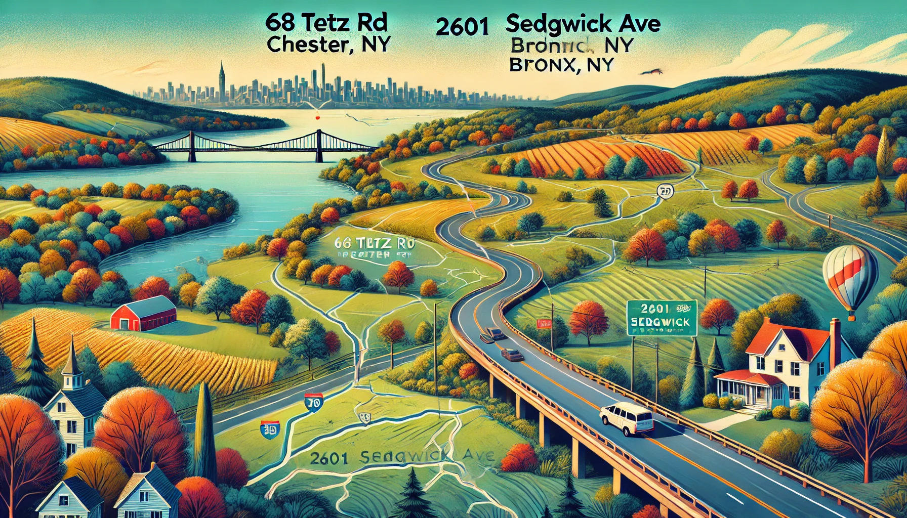 Road trip journey map from 68 Tetz Rd, Chester, NY to 2601 Sedgwick Ave, Bronx, NY showing suburban to urban transition. Concept is used for main topic: 68 tetz rd chester ny to 2601 sedgwick ave.