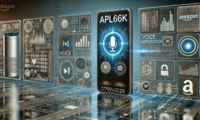 Futuristic digital interface with ‘APL66K’ displayed, illustrating Amazon’s voice and visual integration framework.