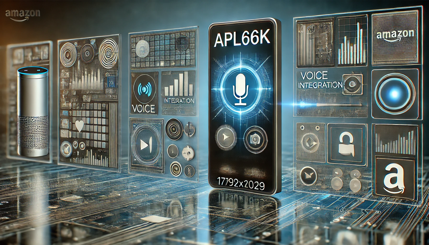 Futuristic digital interface with ‘APL66K’ displayed, illustrating Amazon’s voice and visual integration framework.