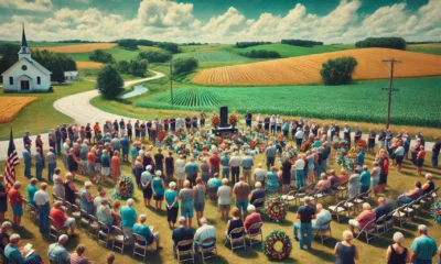 Community members in Pecatonica, IL, gather at a memorial site in a rural setting to honor Brad Dummer's life, showcasing unity and remembrance. The Concept is Used for Brad Dummer obituary Pecatonica IL.