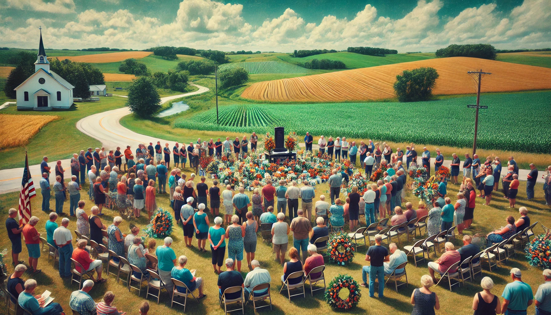 Community members in Pecatonica, IL, gather at a memorial site in a rural setting to honor Brad Dummer's life, showcasing unity and remembrance. The Concept is Used for Brad Dummer obituary Pecatonica IL.