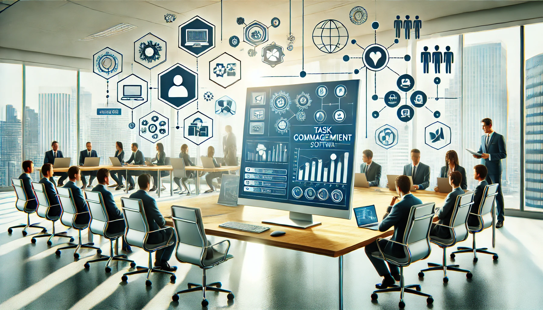 A depiction of a modern office workspace showcasing digital tools for task management, communication, and workflow automation. Concept is used for com.cib.oa.wbg.