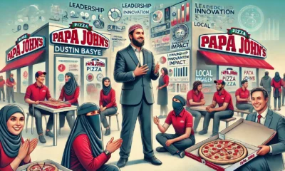 Dustin Basye of Papa John's engaging with staff, including women in niqab, symbolizing leadership, innovation, and community impact. Concept is used for Dustin Basye Papa Johns.