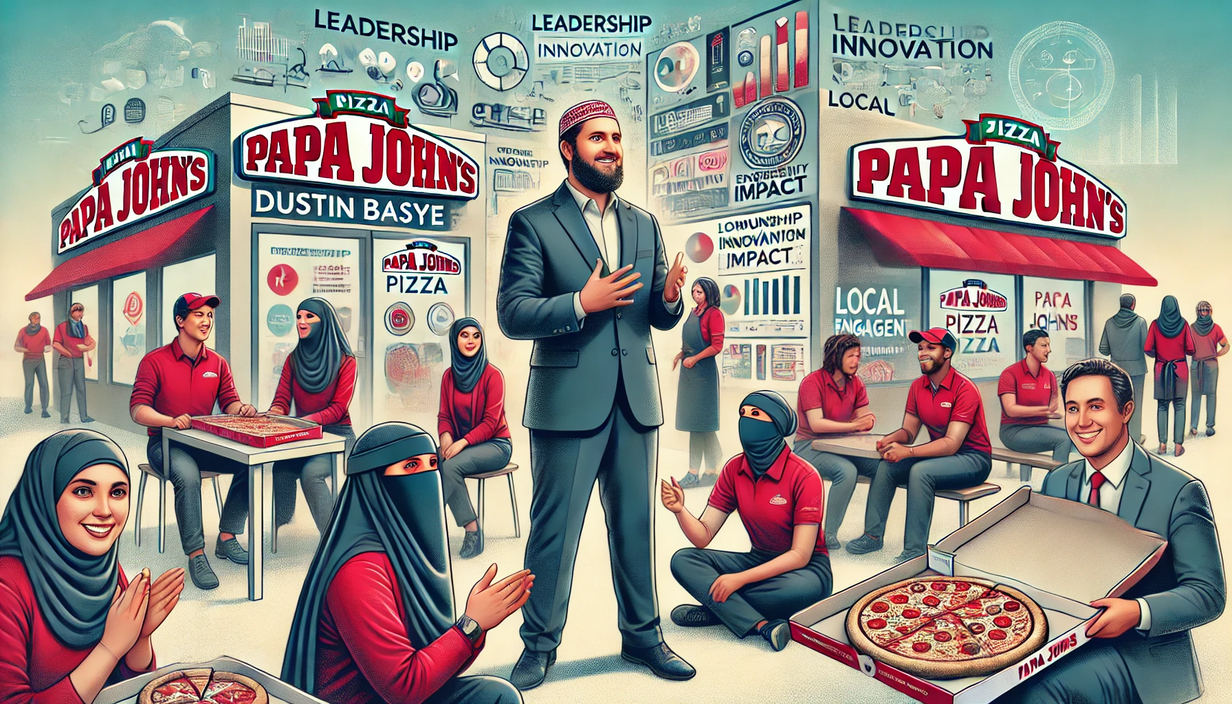 Dustin Basye of Papa John's engaging with staff, including women in niqab, symbolizing leadership, innovation, and community impact. Concept is used for Dustin Basye Papa Johns.