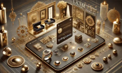 A digital luxury shopping platform showcasing exclusive items like fine jewelry and upscale home decor, with a refined interface and no human figures present. Concept is used for i.a.m_sellingluxury.