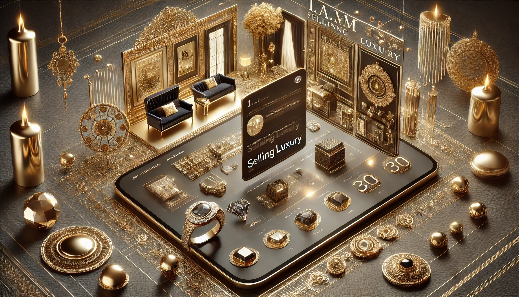 A digital luxury shopping platform showcasing exclusive items like fine jewelry and upscale home decor, with a refined interface and no human figures present. Concept is used for i.a.m_sellingluxury.