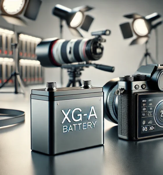 XG-A battery on a workspace with a professional camera setup, highlighting its use in photography and energy storage in a tech-focused environment.