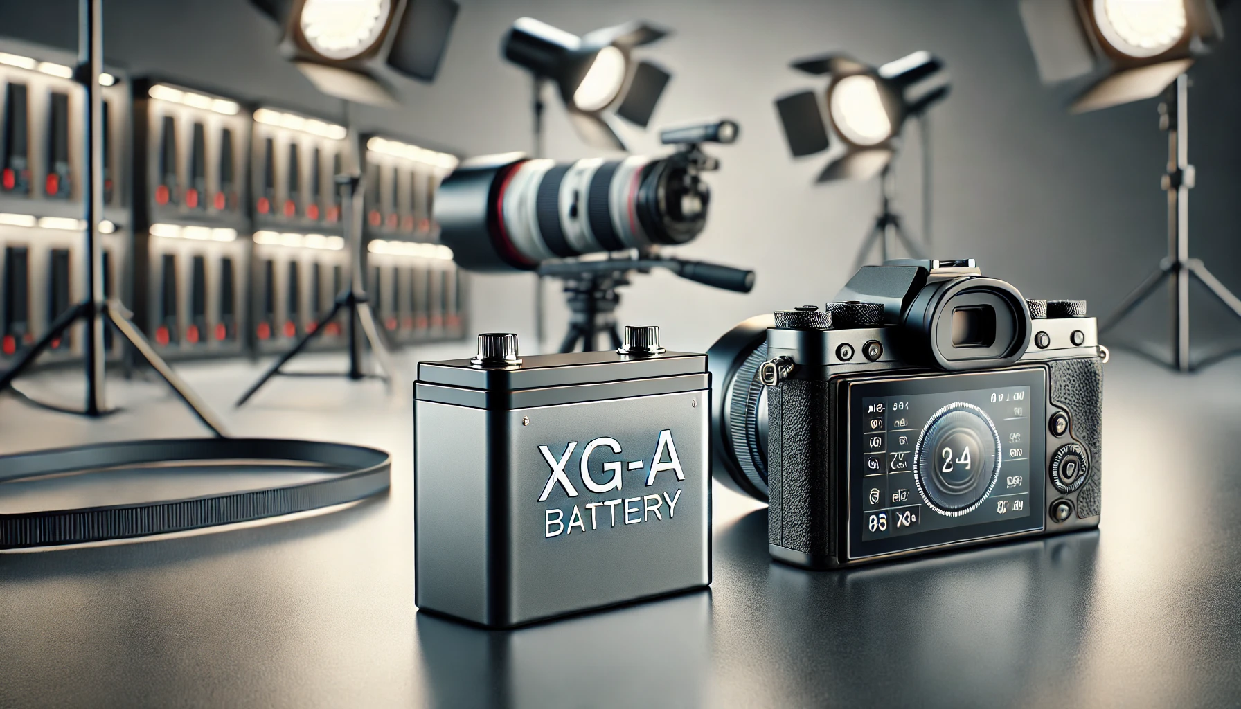 XG-A battery on a workspace with a professional camera setup, highlighting its use in photography and energy storage in a tech-focused environment.